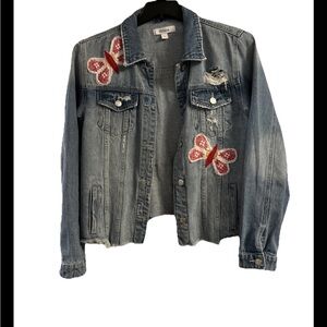 Zenana Light Blue Denim Jacket with Red Butterfly Accents